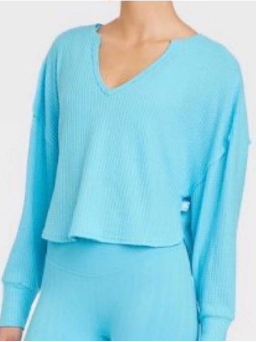 JoyLab Light Blue Waffle-Knit V-Neck Long Sleeve Top